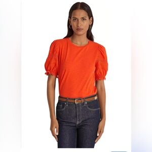 Lauren Ralph Lauren Women's Bright Orange Lace Ruffled sleeve top. Size L